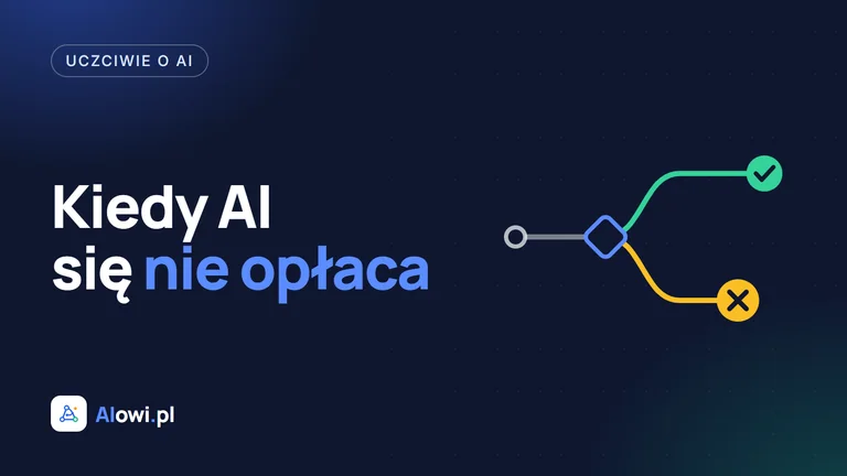 Okładka artykułu: napis „Kiedy AI się nie opłaca” i rozwidlenie decyzji z jedną ścieżką zatwierdzoną, a drugą zatrzymaną. Logo AIowi.pl.